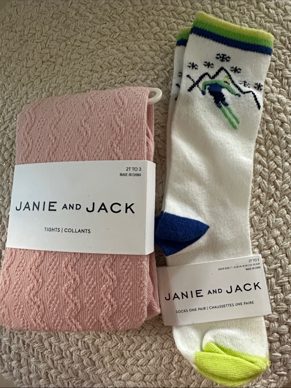 Janie and Jack Pink Cable Tights & White Ski Socks with Blue and Lime Accents NW